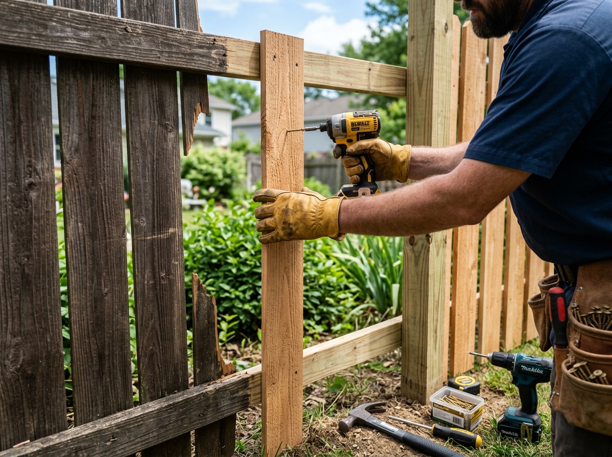 Fencing contractor repairing damaged wood fence post