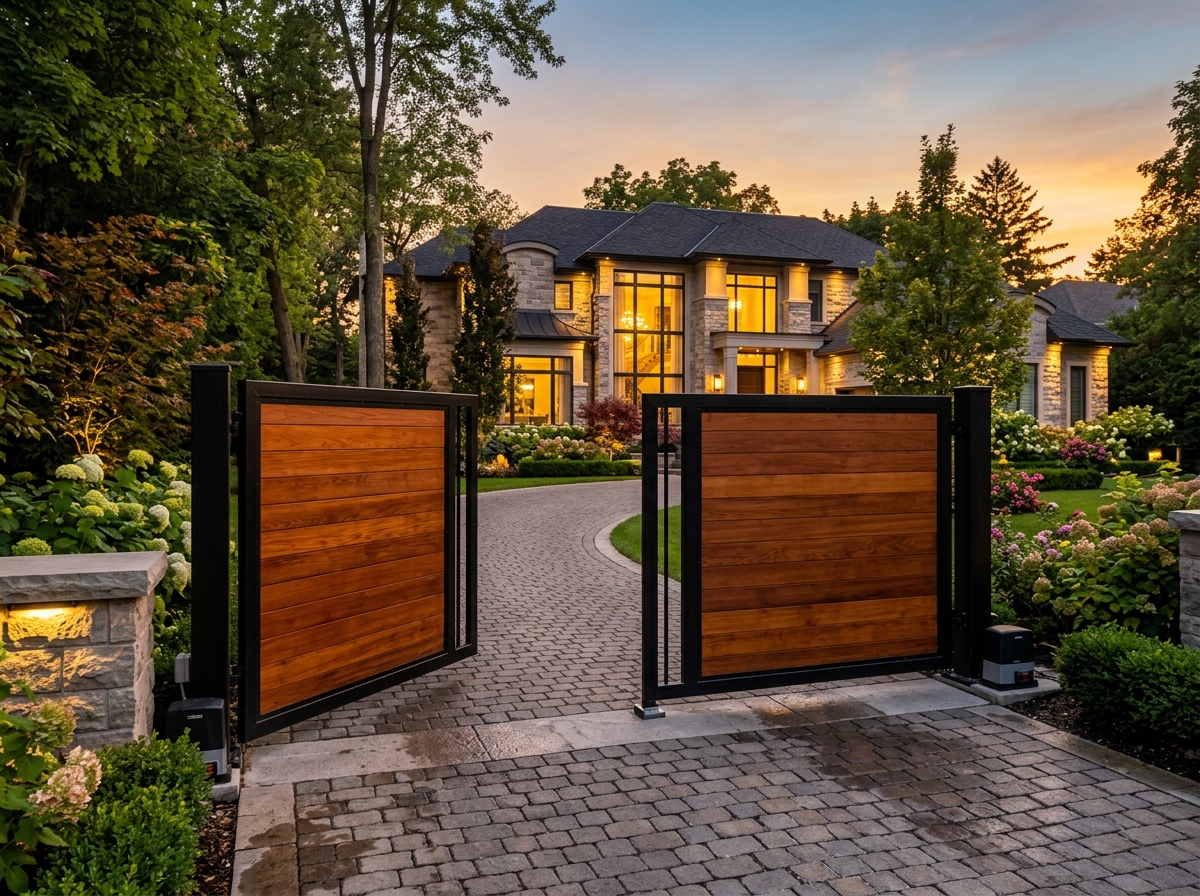 Automatic driveway security gate made of wood and iron