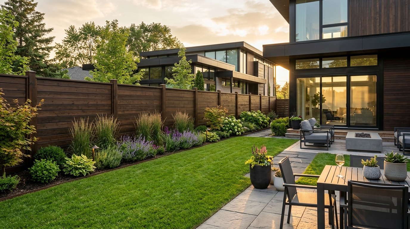 Premium custom wood privacy fence in modern suburban backyard