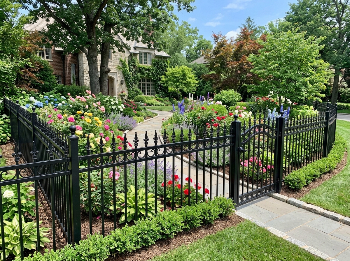 Ornamental black aluminum fence and garden gate